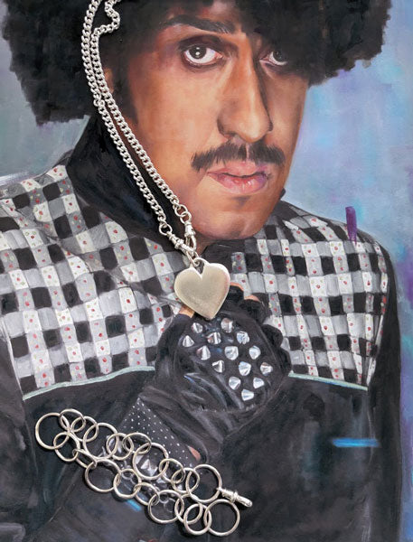 Phil Lynott Heart Pendant. Hand made silver heart Pendant on silver pocket watch chain. Phil Lynott Jewellery. Phil Lynott jewelry. Thin Lizzy