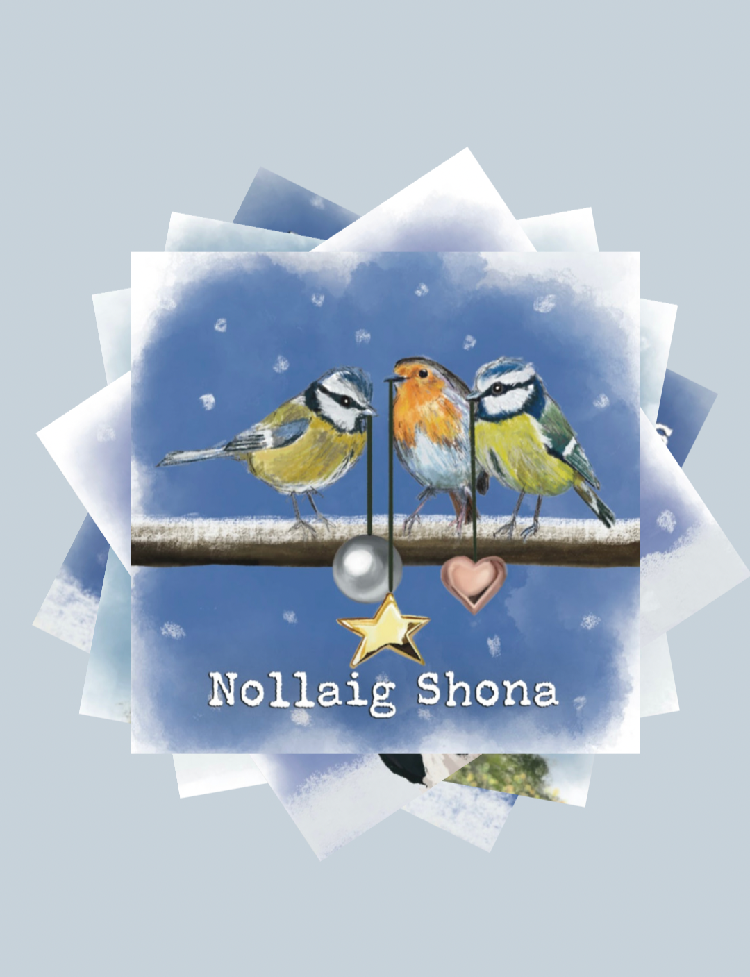 Pack of 5 Christmas Cards, animals bringing Christmas decorations for Christmas tree, Robin, Blue tit, Owl, cow and sheep with yellow gold, silver and rose gold decorations, Claire Guinan