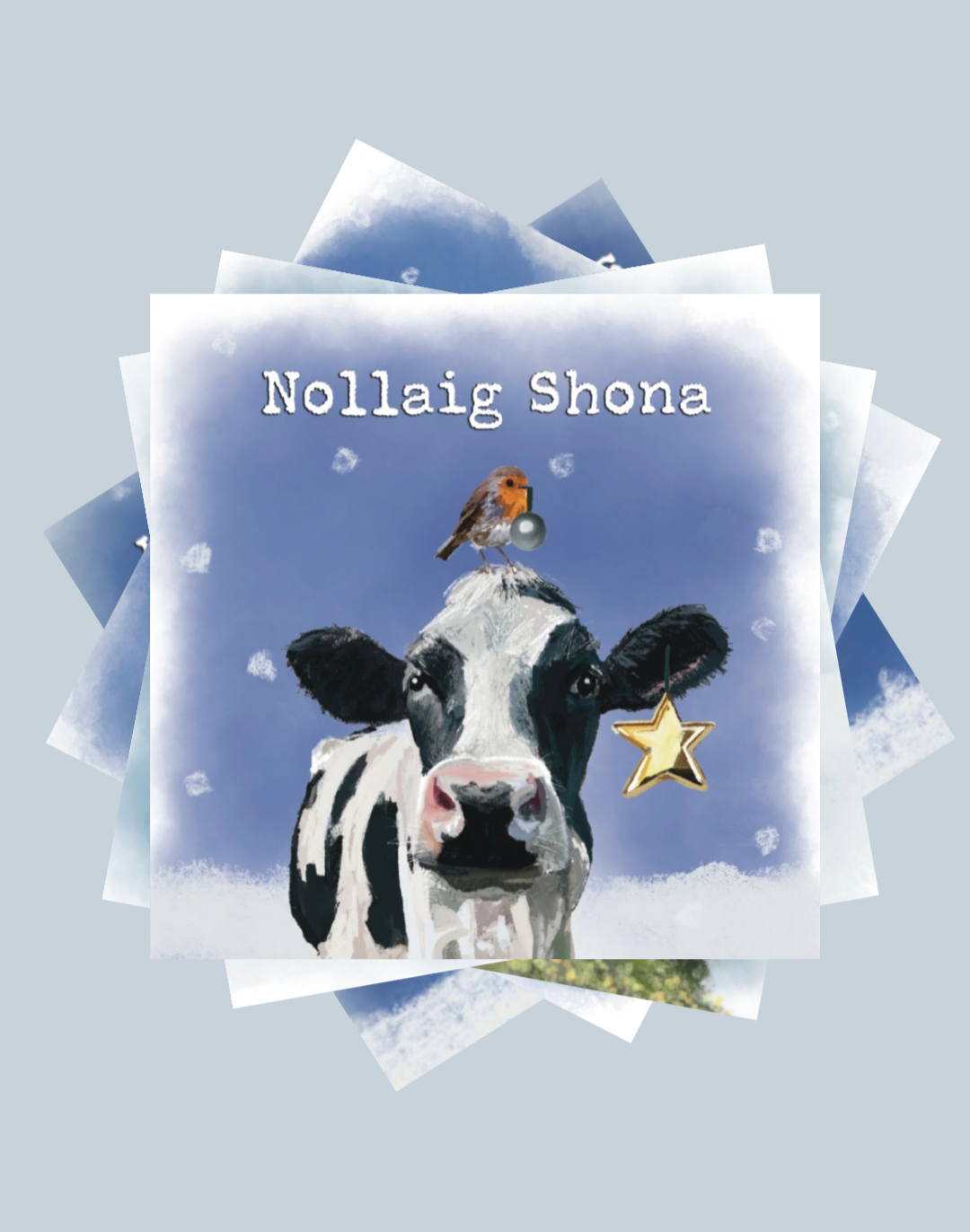 Pack of 5 Christmas Cards, animals bringing Christmas decorations for Christmas tree, Robin, Blue tit, Owl, cow and sheep with yellow gold, silver and rose gold decorations, Claire Guinan