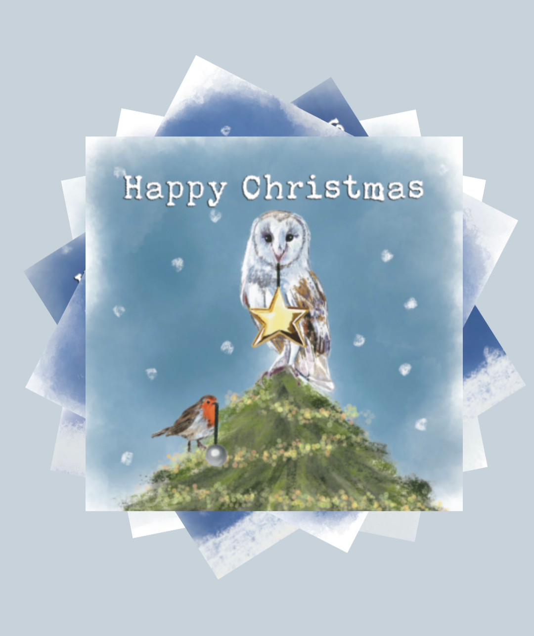 Pack of 5 Christmas Cards, animals bringing Christmas decorations for Christmas tree, Robin, Blue tit, Owl, cow and sheep with yellow gold, silver and rose gold decorations, Claire Guinan