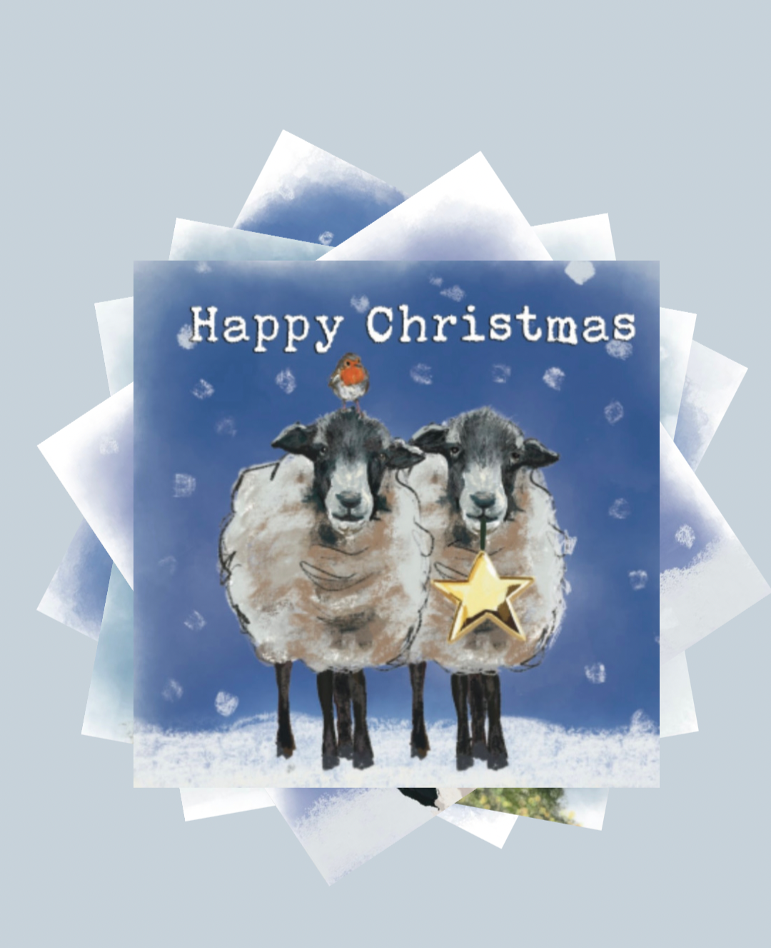 Pack of 5 Christmas Cards, animals bringing Christmas decorations for Christmas tree, Robin, Blue tit, Owl, cow and sheep with yellow gold, silver and rose gold decorations, Claire Guinan