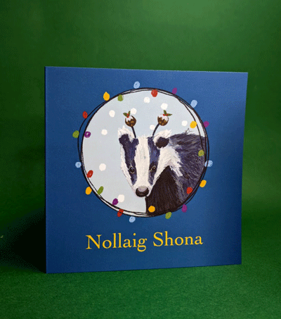 Christmas Cards featuring Irish animals with Christmas lights illustrated by Claire Guinan. Badger
