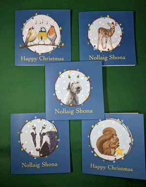Christmas Cards featuring Irish Animals with Christmas lights Illustrated by Claire Guinan.  Pack of 5. Squirrel, goldfinch, blue tit, robin, fawn, Badger and Irish Wolf hound