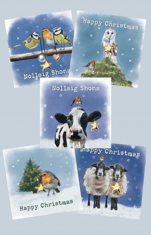 Pack of 5 Christmas Cards, animals bringing Christmas decorations for Christmas tree, Robin, Blue tit, Owl, cow and sheep with yellow gold, silver and rose gold decorations