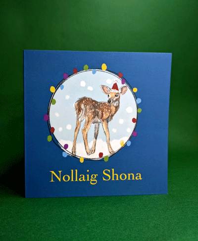Christmas Cards featuring Irish animals with Christmas lights illustrated by Claire Guinan. Fawn