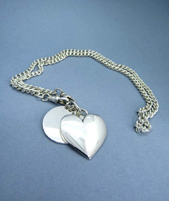 Phil Lynott silver heart and disc pendant on silver Pocketwatch chain, Thin Lizzy, Philip Lynott Jewellery, Phil Lynott jewerly