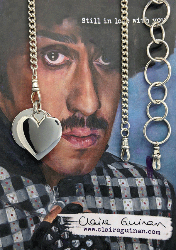 Phil Lynott silver heart and disc pendant on silver Pocketwatch chain, Thin Lizzy, Philip Lynott Jewellery, Phil Lynott jewerly