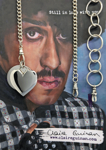 Phil Lynott silver heart and disc pendant on silver Pocketwatch chain, Thin Lizzy, Philip Lynott Jewellery, Phil Lynott jewerly