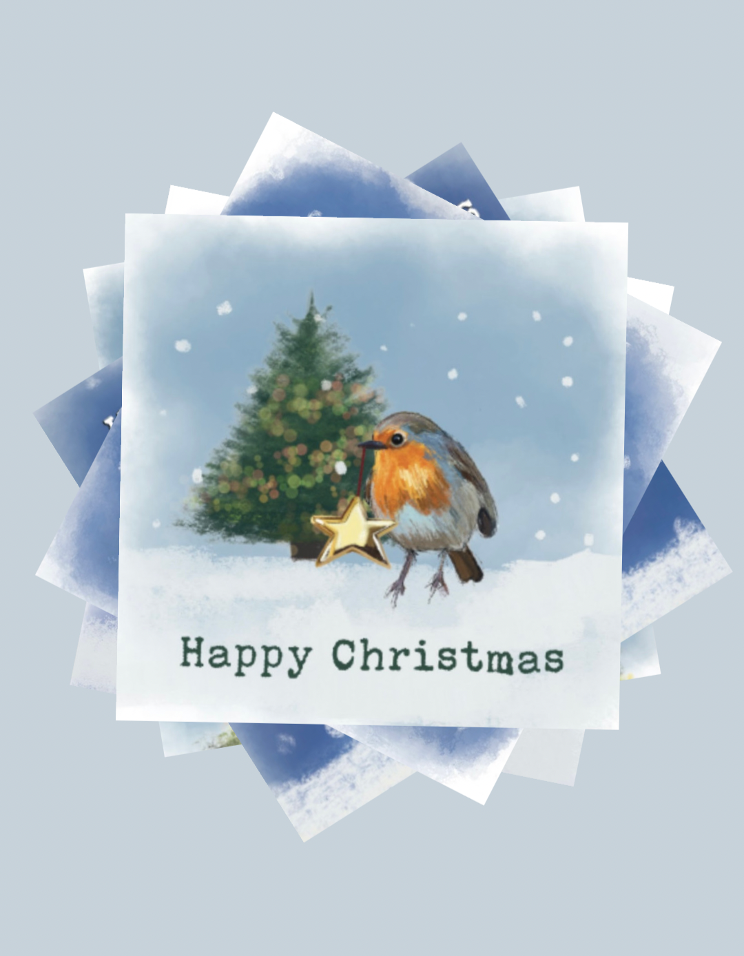 Pack of 5 Christmas Cards, animals bringing Christmas decorations for Christmas tree, Robin, Blue tit, Owl, cow and sheep with yellow gold, silver and rose gold decorations, Claire Guinan