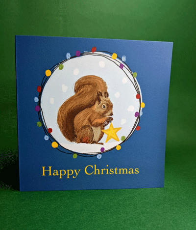 Christmas Cards featuring Irish animals with Christmas lights illustrated by Claire Guinan. Squirrel 