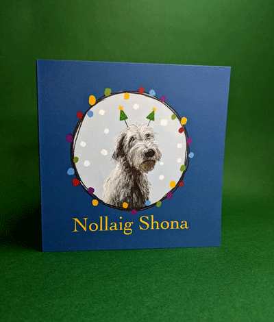 Christmas Cards featuring Irish animals with Christmas lights illustrated by Claire Guinan. Irish Wolfhound