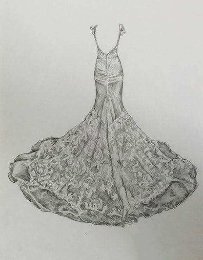lace wedding dress drawing Elegant Illusion Jewel Neck Custom Lace Mermaid Bridal Dress Sketch, A Custom Sketch